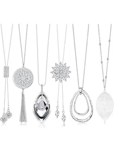 6 Pcs Silvery Fashion Layering Long Necklace Set for Women Men Unisex Styling Sophisticated Graceful Shapes Sturdy Alloy Pendant Chain Smooth Craftsmanship Comfortable Wearing Stable Color Retention Exquisite Fringe Tassel Elements Floral Decorations