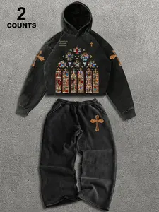 Men's Retro Graphic Hooded Sweatshirt Set, Long Sleeve Fitted Hoodie, Comfortable Casual Wear, Spring & Fall Fashion