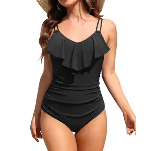 Tempt Me Women One Piece Swimsuit Ruched Tummy Control Bathing Suit Ruffle V Neck Double Straps Swimwear