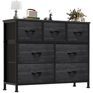 7 Drawers Dresser for Bedroom, Large Fabric Storage Tower with Wood Top, Sturdy Steel Frame Easy Pull Bins for Living Room Entryway Closet Organizer