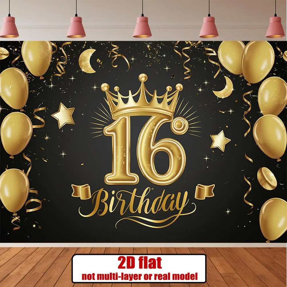 1pc 16th Birthday Party Banner, Reusable 2D Flat Polyester Backdrop with Black Background, Glittery Golden "16", Crown, Balloons, Stars & Firework, Home Wall Decor for Birthday Celebrations (Festive Party Supplies)