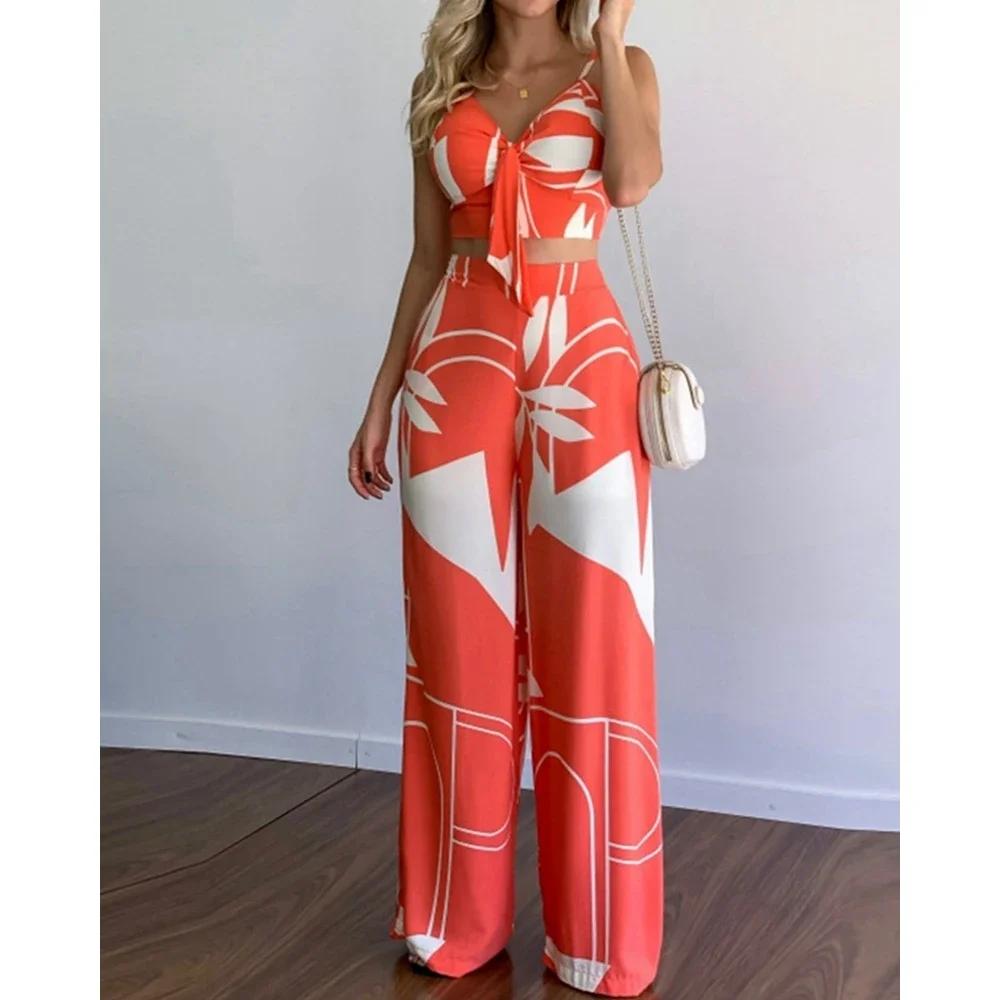 Tropical Print Spaghetti Strap Casual Lace up Back Top &High Waist Pants Set