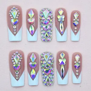 10Pcs Handmade Medium Square Press on Nails, Dreamy Glam Style with Nude & White Gradient, Iridescent Multi-Shaped Rhinestone Accents, Perfect for Parties & Daily Looks, Boost Your Bold Shimmery Vibe easter summer