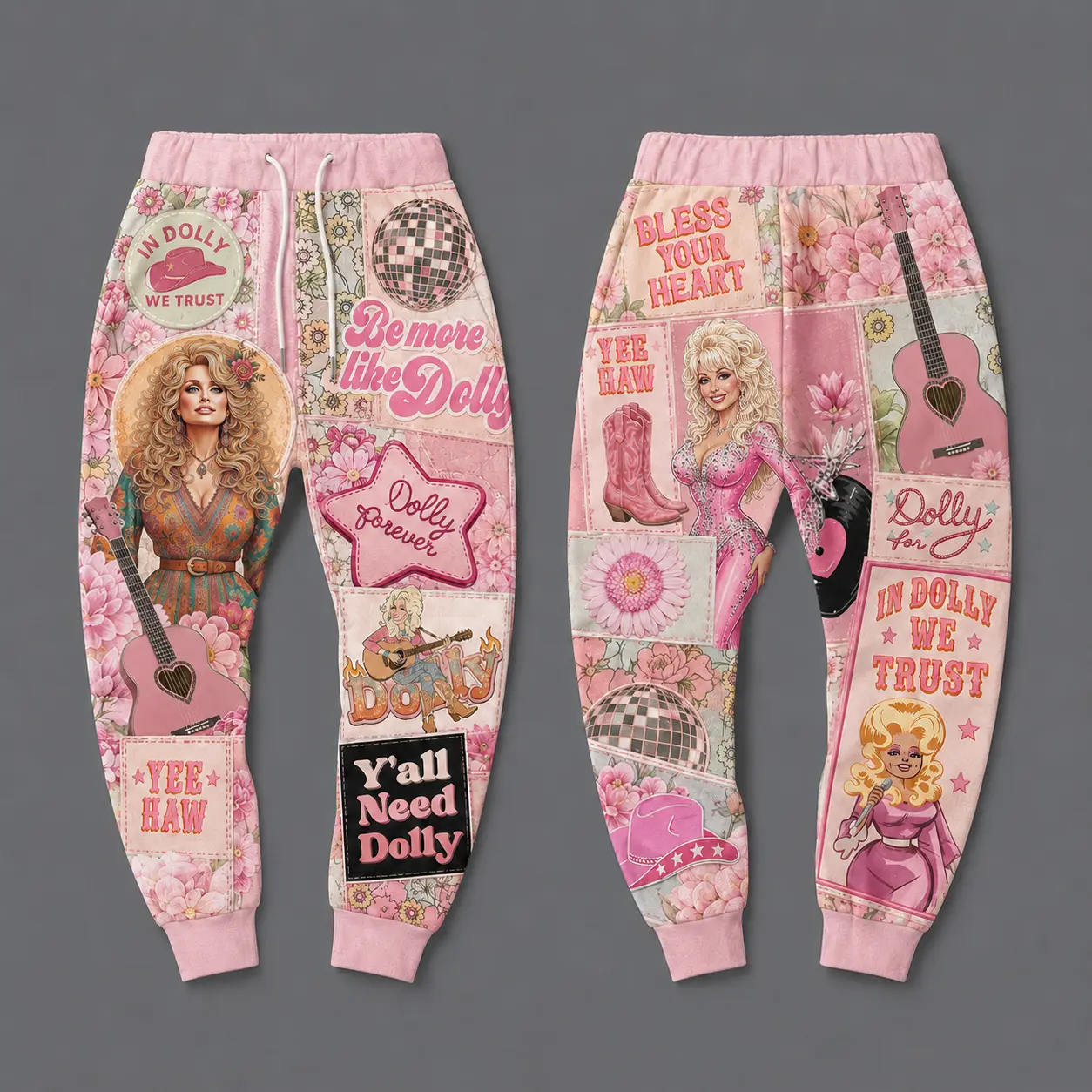 Dolly Parton Sweatpants | Faux Patchwork Printed Joggers | Vintage Country Music Fan Apparel | Pastel Pink Retro Western Graphic Pants | Cozy Concert Streetwear Gift for Southern Girls