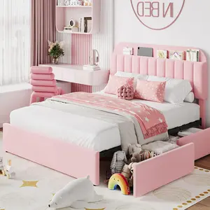 Full Bed Frame with 2 Flexible Drawers and Bookcase Headboard, Boucle Upholstered Platform Bed for Girls, Noise-Free, No Box Spring Needed, Pink