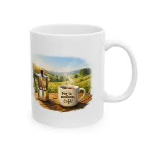 Por la mañana, Café! Ceramic Mug | Coffee scene, moka pot, steaming cup