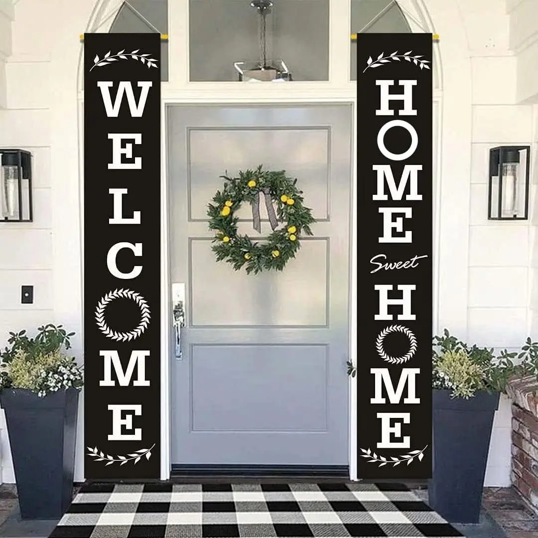 Welcome Home Sign Porch Banner Set, Black White Farmhouse Style Front Door Decor, Welcome & Home Sweet Home Hanging Banner, Rustic Leaf Wreath Door Decorations, Modern Farmhouse Outdoor Yard Porch Decor