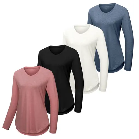 VILIGO Women's 4-Pack V-Neck Longsleeves Blouses - Soft Spandex Blend Casual Fashion Comfy Breathable Tops, Plus Size Clothes, Curved Hem Basic Shirts, 4 Tops to Rotate in Multiple Colors