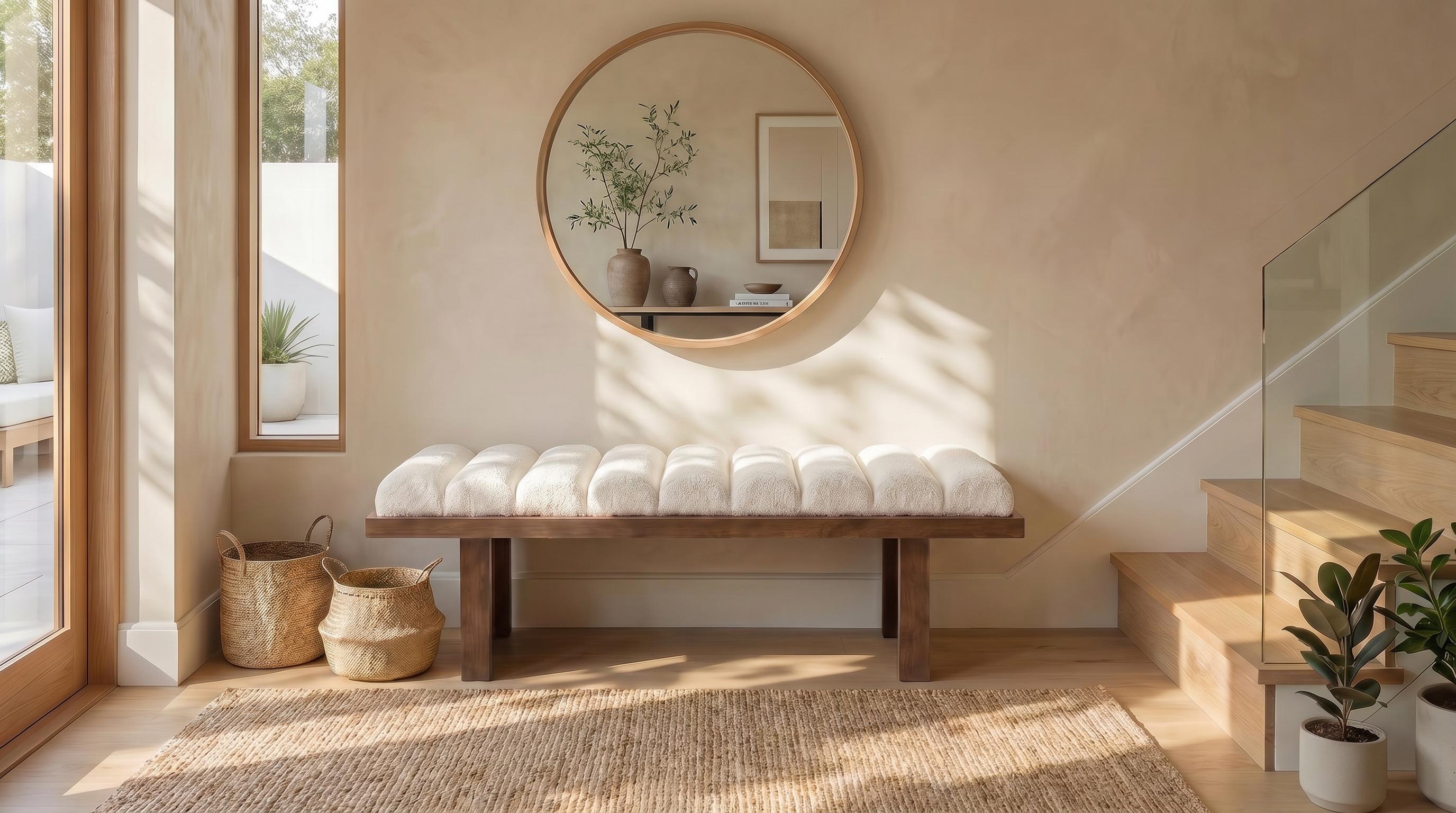 HNY 47-in Modern Sherpa Boucle Upholstered Backless Armless Entryway Ottoman Bench, Padded Cylindrical Cushion, Natural Wooden Base, Assembly Required Simple Setup for Bedroom, Living Room, Ottoman For Bedroom, All Hardware