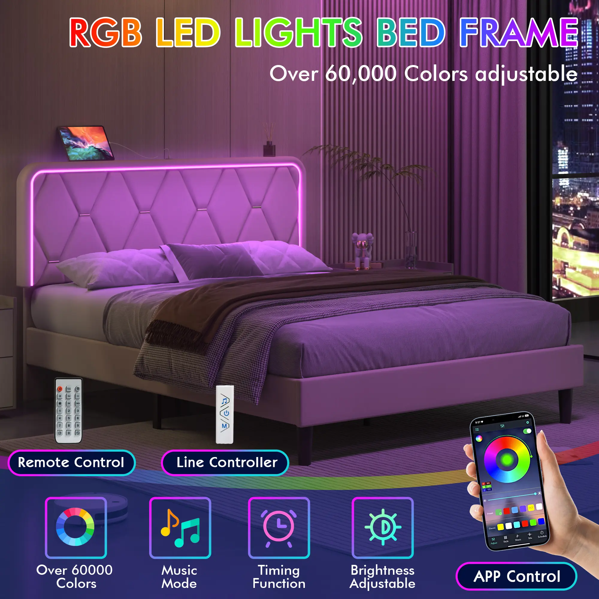 VECELO Multifunctional Upholstered Platform Bed with Adjustable Headboard, RGB LED Lights, Charging Station, Easy Assembly (Queen/Full/Twin Sizes)