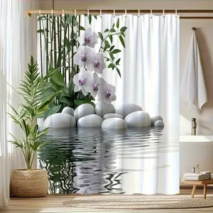 1pc White Stones Orchid and Design Shower Curtain Zen Style Bathroom Decor Available in Various Sizes Comes with Hooks Washable in Machine Home Decor