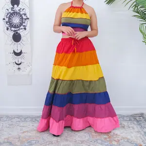 Rainbow Pride Skirt Set with Halter Top, Flowy Cotton Skirt with Pockets, Boho  Tiered Skirt with Pockets, Pride Outfit, Long Maxi Ruffle Skirt