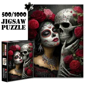1pc 1000 piece adult Creative puzzle 70x50cm Sugar - Skull Makeup Woman with Floral Crown and Embraced by Tattooed Skull 500 pieces of paper jigsaw puzzle, suitable for adults and families, large-scale DI