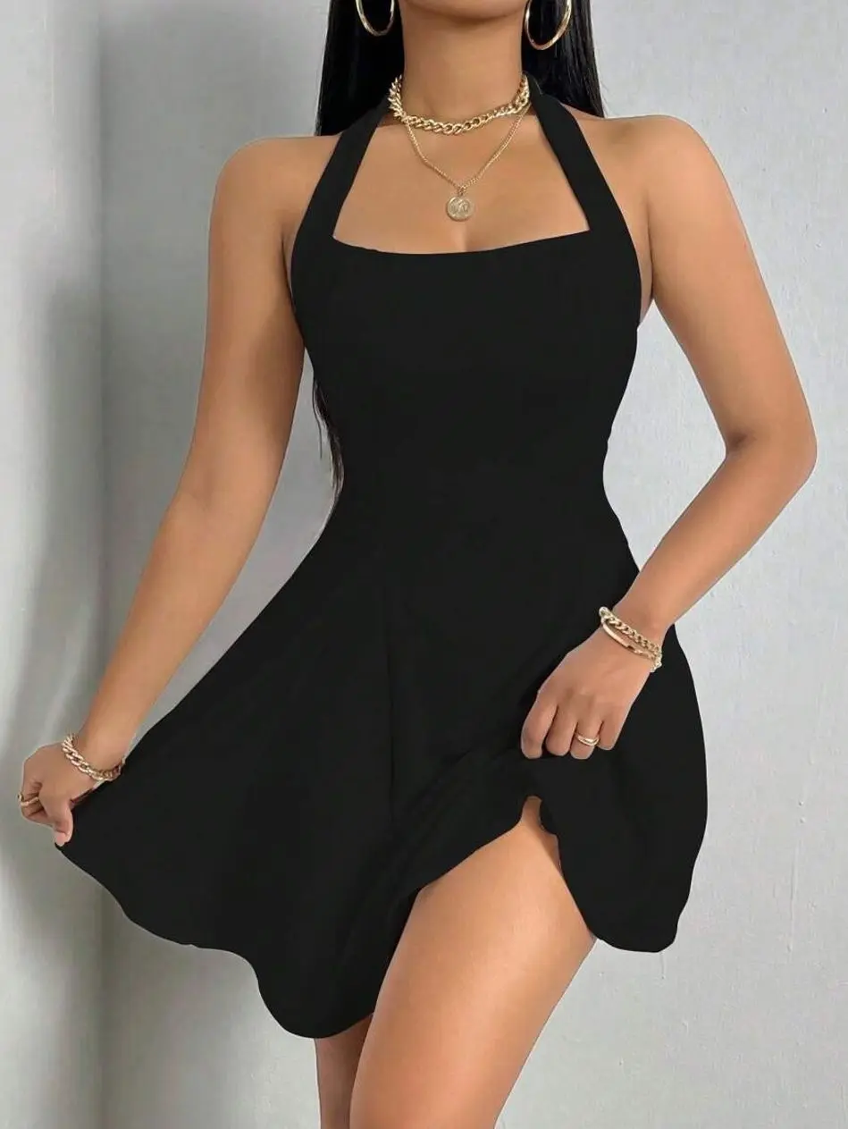 Solid Backless Halter Neck Dress - Chic New Year Outfit