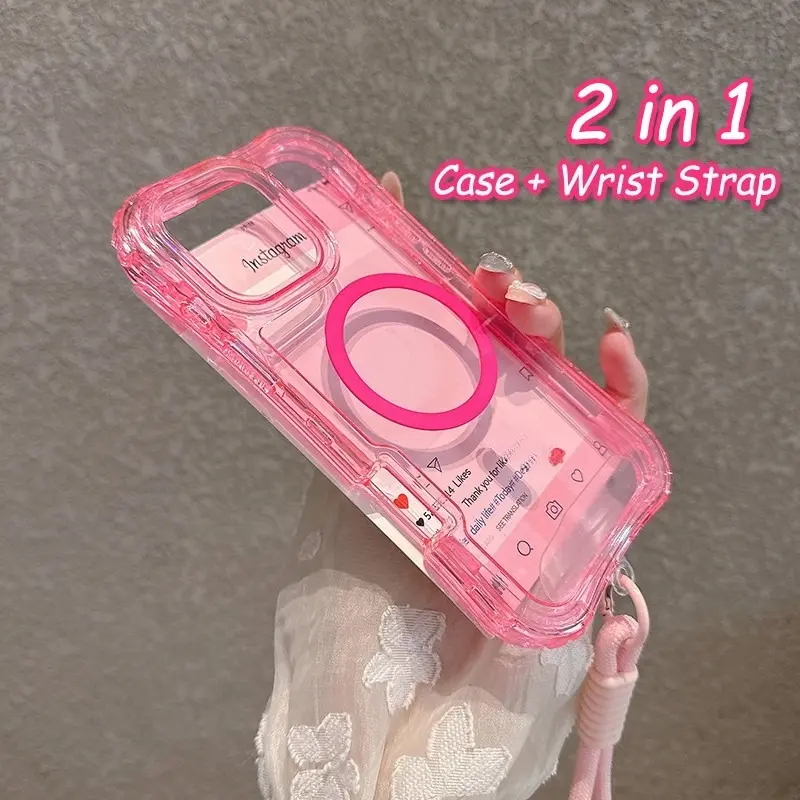 Clear Armor Phone Case, Smartphone Shell, Cellphone For iPhone 17 16 AIR 15 14 Pro Max 16 Plus Wireless Charging Magnetic Wrist Strap Bracelet Shockproof Durable Protector Back Cover Acrylic Protective Casing Accessories Casing Protection