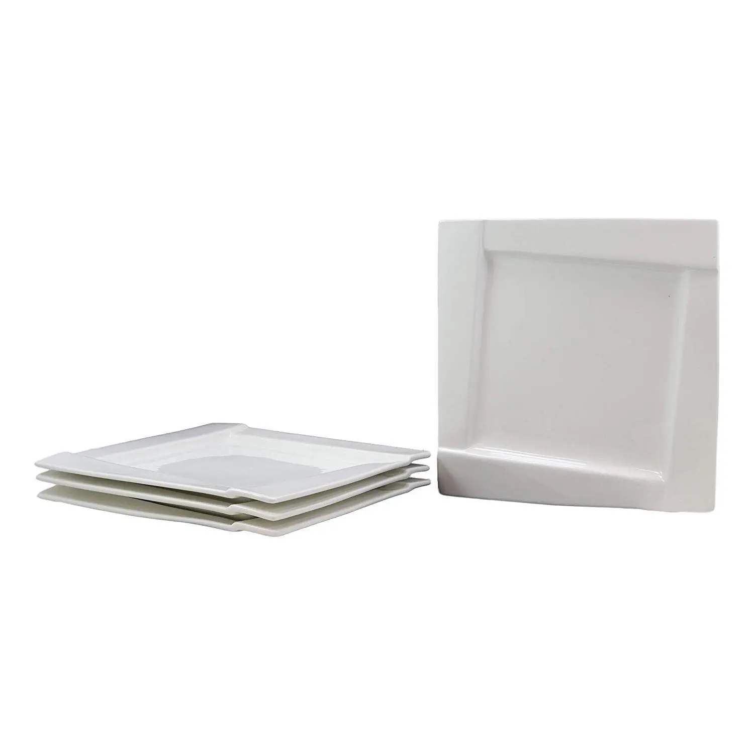 Ebros Pack Of 4 Kitchen Dining Modern Contemporary Design White Porcelain Square Plates With Rhombus Well Restaurant Supply Dishwasher And Microwave Safe (10" Dinner Plate Style)