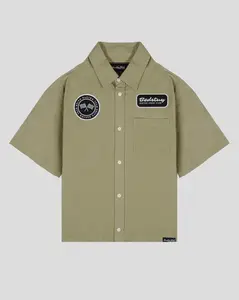 Brooklyn Cloth Short Sleeve Cropped Bedstuy Motor Club Button Up Shirt, Boxy Fit, Cropped Length, Workwear Streetwear Style, Sand Olive Green or Quarry, S-XL