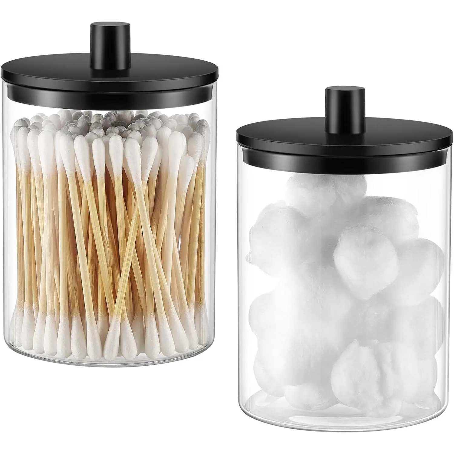 Glass  Dispenser - 10 oz Clear Canister Apothecary Jar, Bathroom Vanity Storage Organizer Set for Cotton Swabs, Pads, Floss Picks, Small Containers for Makeup Storage (2 Pack, Black)