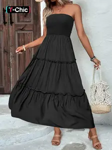 Women's Plain Frill Trim Shirred Tube Dress, Casual Strapless Sleeveless Long Dress for All Seasons, Ladies Clothes for Beach Holiday Vacation, Womenswear