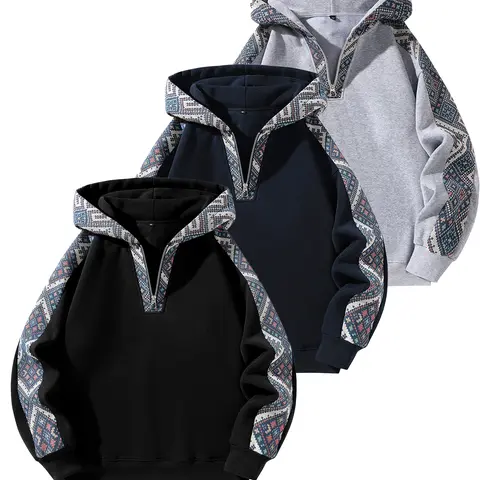 Men's Heavyweight Fleece Hoodie Sweatshirt - Vintage Ethnic Pattern, Loose-Fit Casual Sports Outerwear, Warm Autumn Winter Men's Clothing, Ideal Halloween Gift for Him