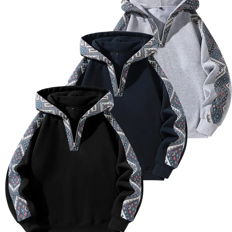 Men's Heavyweight Fleece Hoodie Sweatshirt - Vintage Ethnic Pattern, Loose-Fit Casual Sports Outerwear, Warm Autumn Winter Men's Clothing, Ideal Halloween Gift for Him