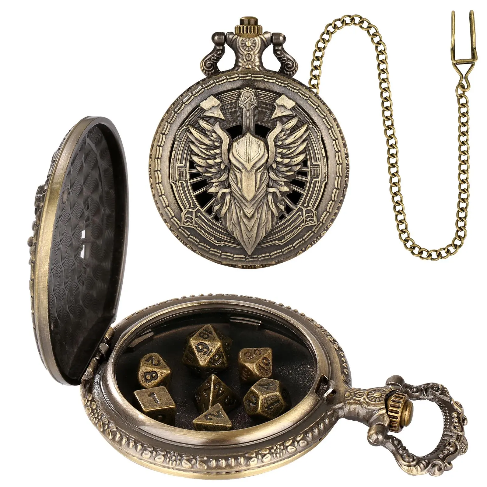 Vintage Polyhedral Dice Set, 1 Set Including 1 Count Watch Case & 1 Count Chain & 7 Counts DND Metal Dice, Dice Game for DND RPG, Tabletop Game Accessories