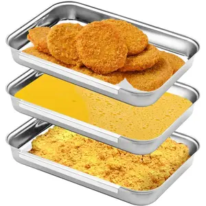 Breading Trays Set of 3 Dredging Trays for Cooking, Stainless Steel Breading Pans Set for Marinating Meat, Chicken, Fish, Food Prep Trays