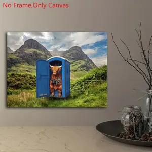 1 piece/set unframed canvas painting print poster, classic abstract funny landscape art, Highland Cow on the Toilet in Glencoe, perfect gift for animal lovers, ideal gift for bedroom, living room, dorm hallway, kitchen, mural, wall decoration, room decor