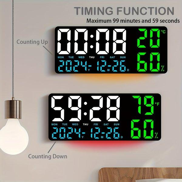 Large LED Alarm Clock with Temperature & Humidity Display – Digital Clock with Timer, Week Display, Bright Adjustable Screen for Bedroom Living Room Office