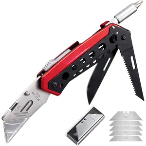 Folding Utility Knife Box Cutter with 5 Razor Blades, Pocket Utility Knives, Screwdriver, Saw, Lock, Clip and Holder for Belt, EDC Heavy Duty Work Knifes, Fathers Day Dad Gifts for Papa