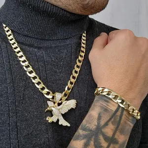 ViOrO 14K Gold Plated 10mm Cuban Link Chain with Zircon  Eagle Pendant for Dairy Use. Electro Laminated Premium Jewelry