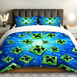3PCS Duvet Cover Set, 1 Duvet+2 Pillowcases(Without filler), Pixel Gaming Block Pattern, Halloween bedding set, Minecraft Inspired Suitable for decoration bedroom,  room, gaming room, dormitory.