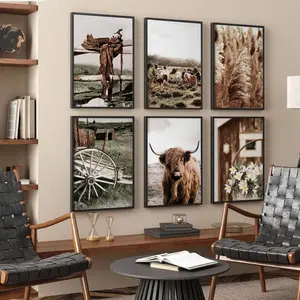 6pcs/set Frameless Cow Theme Wall Art Puzzle, Horse Barn Grassland Western Boho Style, High-Quality Cardboard Print for Home Decor Art Wall Decoration