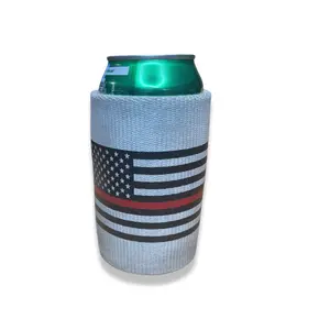 white can Cozie made from used fire hose. The graphic show support for firefighters with the fireman's logo. This is a USA made product by Craft American