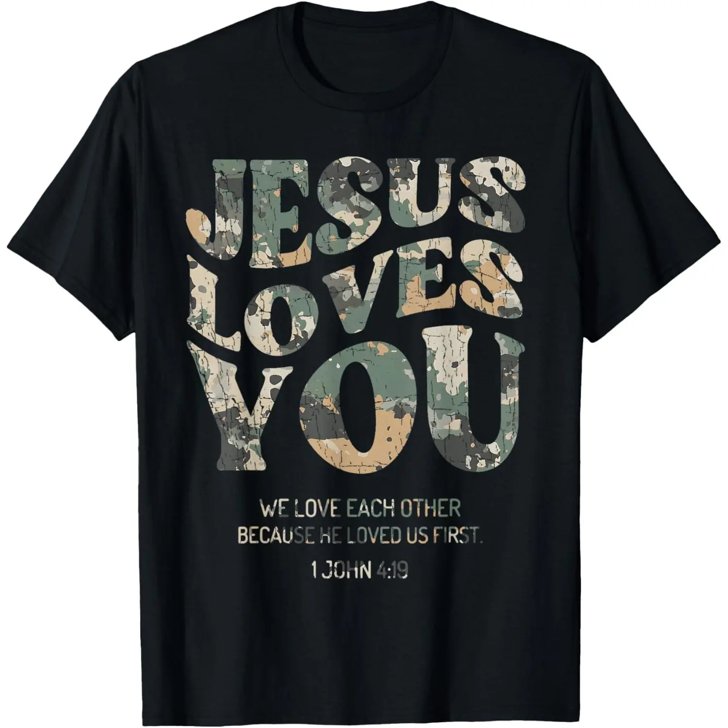 Women's Vintage Casual Cotton Short-Sleeve Distressed Graphic T-Shirt with "Jesus Loves You" Camo Print, Shortsleeve, Round Neck, Top, Tshirt