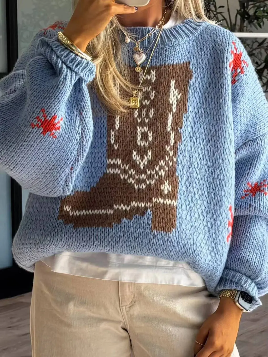 Western Cowboy Boots Jacquard Knit Sweater