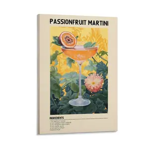 Passionfruit Martini Poster. Retro Wall Art. Cocktail Decor Canvas Print. For Bar Cart, Kitchen, Home Bar, Club. Adds Vintage Appeal. Canvas Poster Bedroom Decor Office Room Decor Gift Frames Ornaments Artistic Decoration Photo Hanging Frame-Style