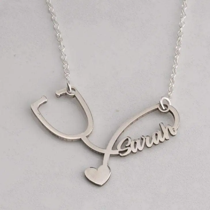 Stethoscope Name Necklace in Sterling Silver, 14k Gold Plating, or 14k Gold with Chain in Multiple Length Sizes