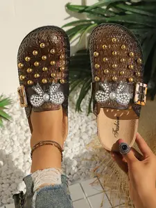 Summer New Rivet Pearl Butterfly Jelly Slippers, Rhinestone Buckle Soft Sole Multicolor Women's Shoes, Fashion PU Upper Material