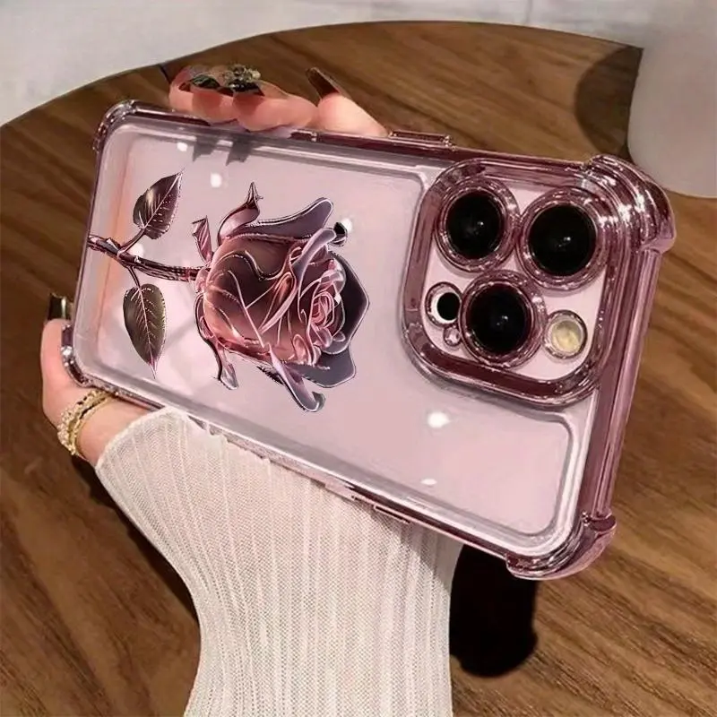 Pink rose electroplated pattern, drop-proof and non-slip TPU phone case,  15 Plus, 14, 13, 12, 11. A unique phone case that can be given as a gift to boys or girls.QXA827 i̇phone  pro  max  cases Shockproof Cellphone Shockproof Protector