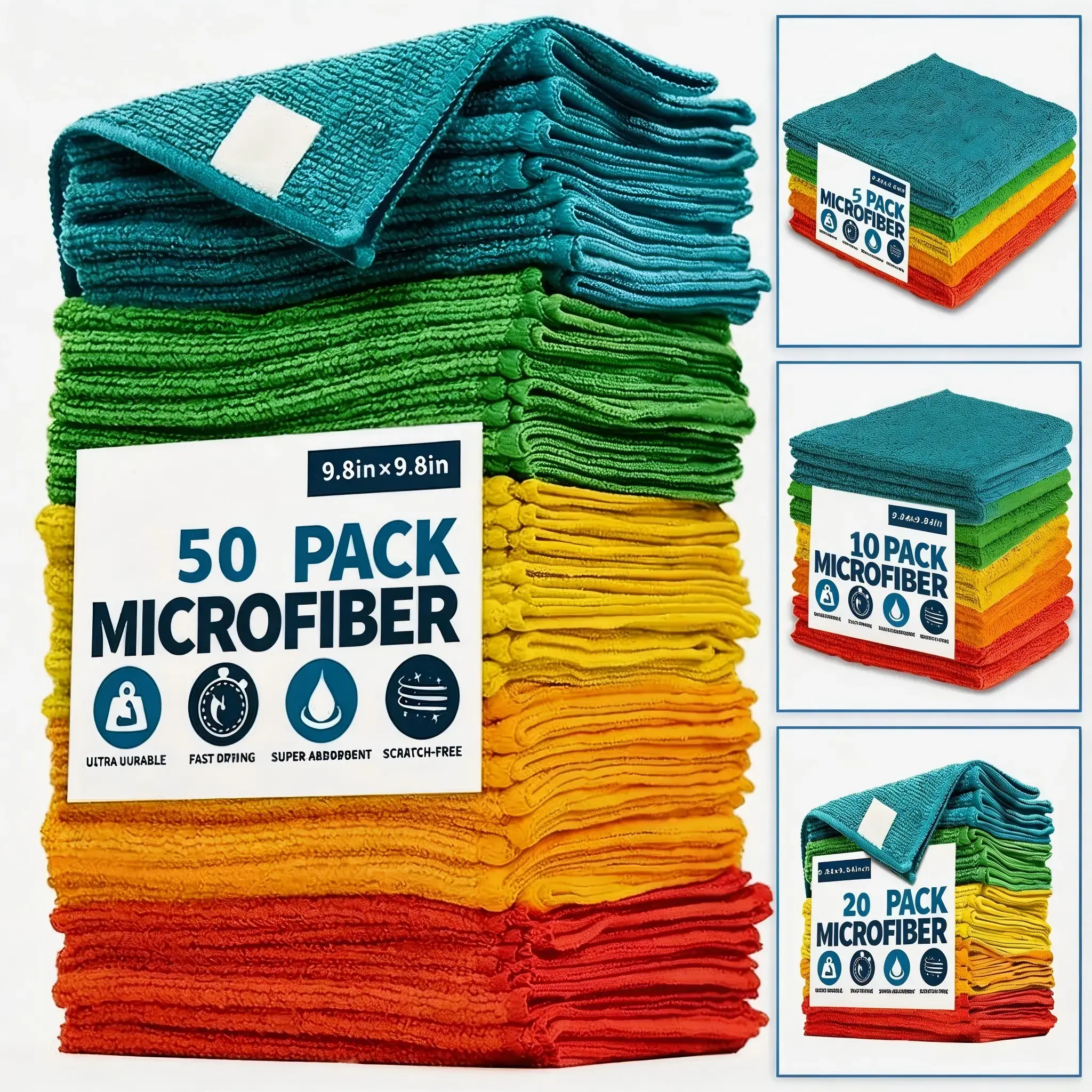 Microfiber Cleaning Cloths, 5/10/20/50-Pack, 9.84x9.84in, Ultra-Absorbent Quick-Dry, Scratch-Free Durable, Vibrant Colors, Ideal for Kitchen/Bath Daily Use Home Care Supplies