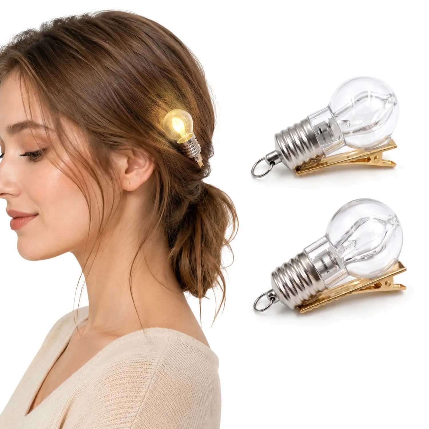 EMPTAN 2 PCS Funny Light Up Hair Clips, Bulb Shape LED Light Hair Clips for Women Girls, Colorful Glowing Novelty Hair Accessories for Halloween Christmas Party Festival Cosplay