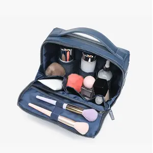 Portable Striped Travel Makeup Organizer - Large Capacity Handheld Cosmetic Bag with Mesh Pockets, Ideal for Storing Makeup, Brushes & Toiletries on the Go
