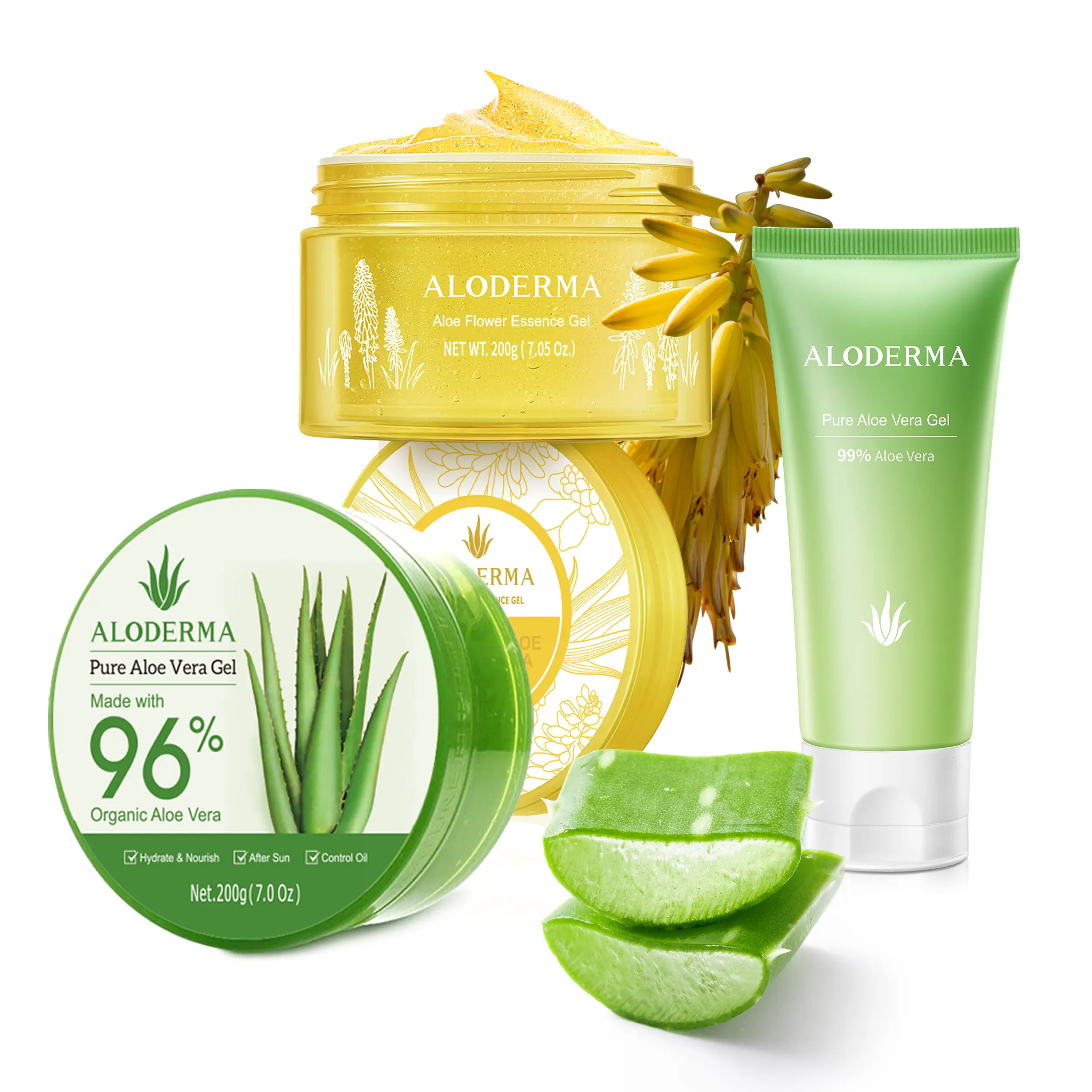 Aloderma Aloe Vera Gel Set 3 Pack - Travel Size Aloe Gel, Aloe Flower Essence Gel, 200g Aloe Vera Gel