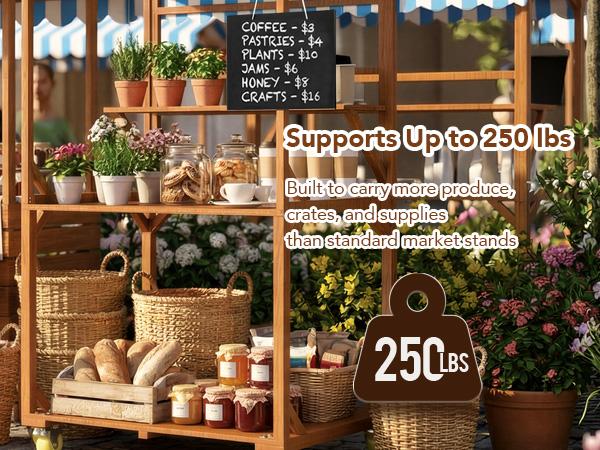 Wooden Farm Stand Cart, Solid Wood Farmers Market Stand with Wood Roof, Heavy Duty Display Table with Lockable Wheels, for Events & Small Business, Light Brown