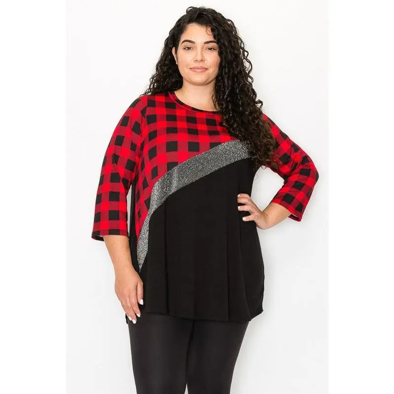 PSFU Red Plaid Glitter Colorblock Top Shirt