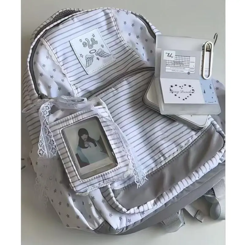 Gray Striped Korean Backpack Women Patchwork Design Casual Teenage Bookbags Large Capacity Versatile College Student School Bags