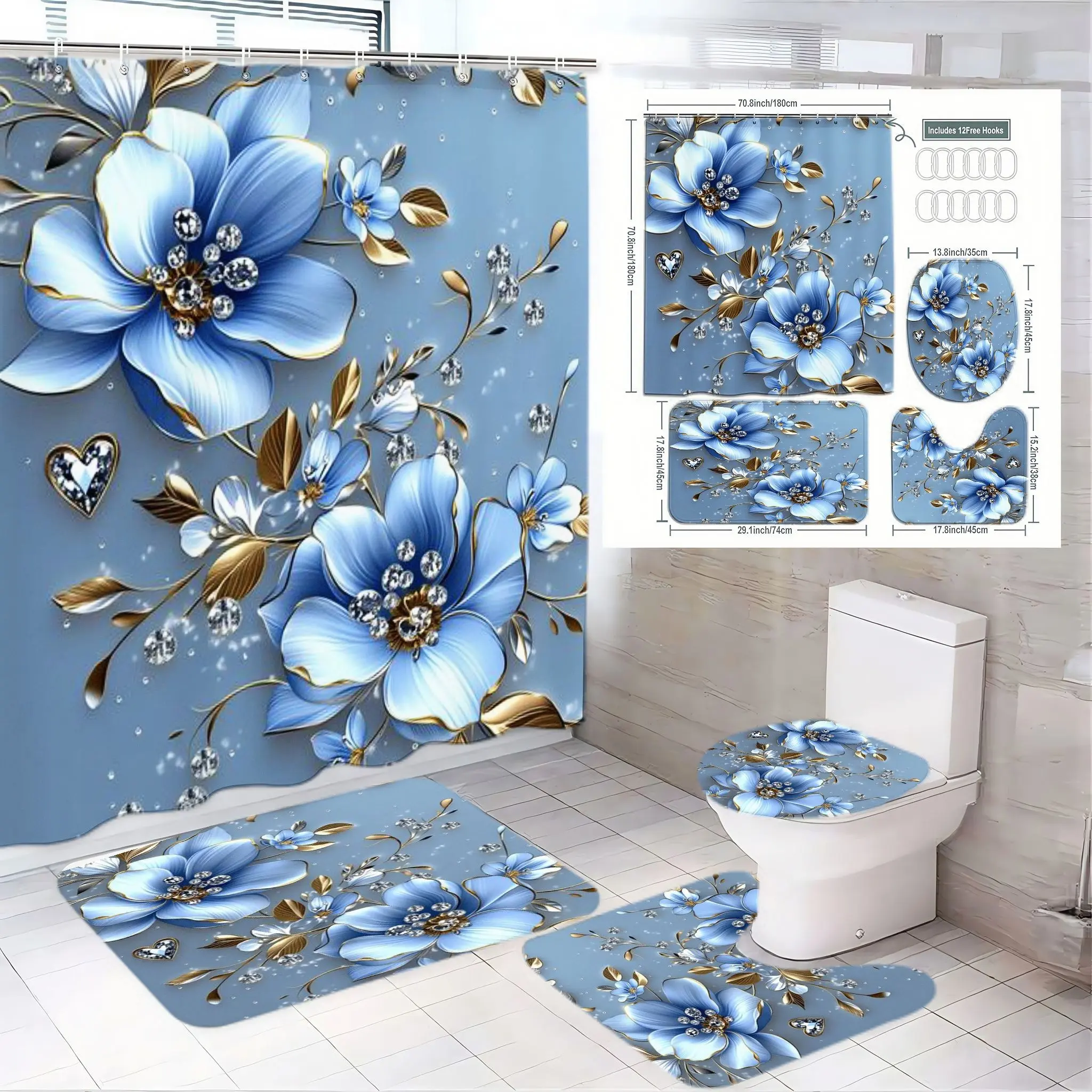 4pcs Elegant Blue and Floral Bathroom Decor Set, Stylish Shower Curtain Sets & Heart Detail, Luxury Bath Mat Pair, Chic Toilet Seat Cover, The floor mat fabric is thicker and softer! Perfect for Spring Refresh or Holiday Home Makeover!