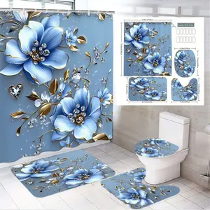 4pcs Elegant Blue and Floral Bathroom Decor Set, Stylish Shower Curtain & Heart Detail, Luxury Bath Mat Pair, Chic Toilet Seat Cover, The floor mat fabric is thicker and softer! Perfect for Spring Refresh or Holiday Home Makeover!