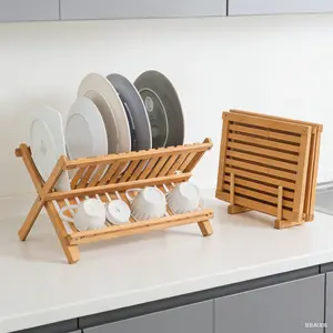 Dish Drying Rack - Collapsible Bamboo 2 Tier Foldable Wooden Dish Drainer for Countertop, Plates Cups Bowls Utensils, Eco Friendly Folding Bamboo Dish Rack for Kitchen Home Apartment RV - by
